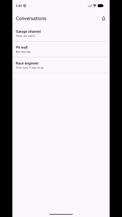 Chat screen: typing indicator followed by incoming message